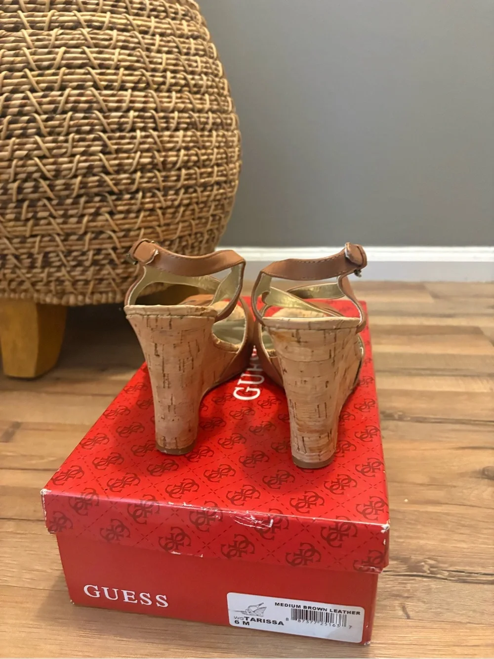 GUESS Brown Leather Cork Wedge Sandals - Slingback Strappy Style